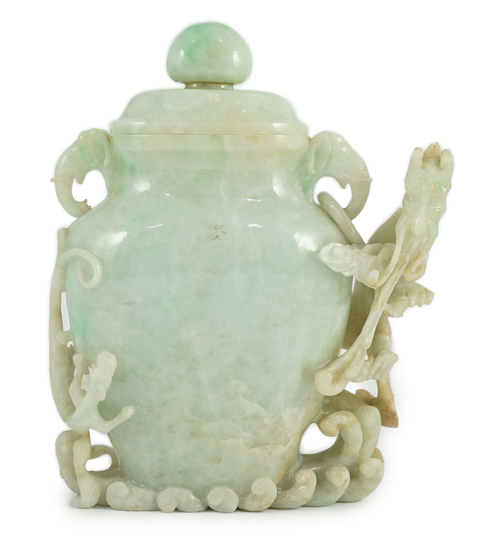 A Chinese jadeite 'dragon' vase and cover, late 19th/early 20th century, 15.3cm high, horn tips and one ring lacking